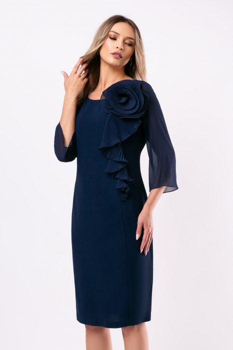 Rochie de ocazie mărime mare bleumarin accesorizată cu floare 3D [5]
