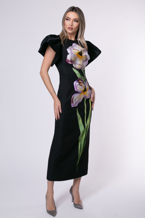 Rochie de ocazie neagră accesorizată cu floare 3D [2]