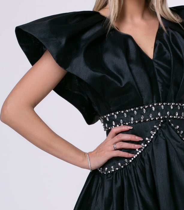 Rochie de seară lungă neagră cu umerii bufanți [5]