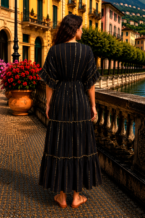 Rochie lungă de vară neagră cu broderie florală aurie [4]