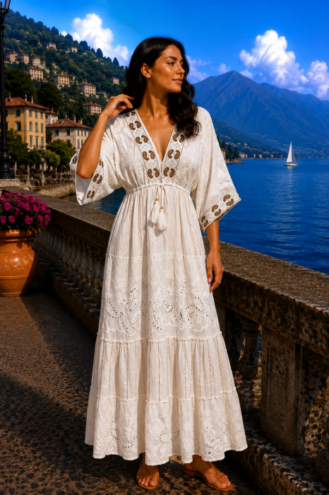 Rochie lunga alba cu broderie si decolteu in V