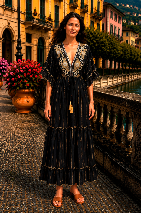 Rochie lungă de vară neagră cu broderie florală aurie [3]