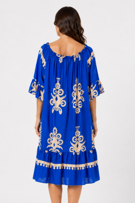 Rochie de vară albastră cu imprimeu bej [3]