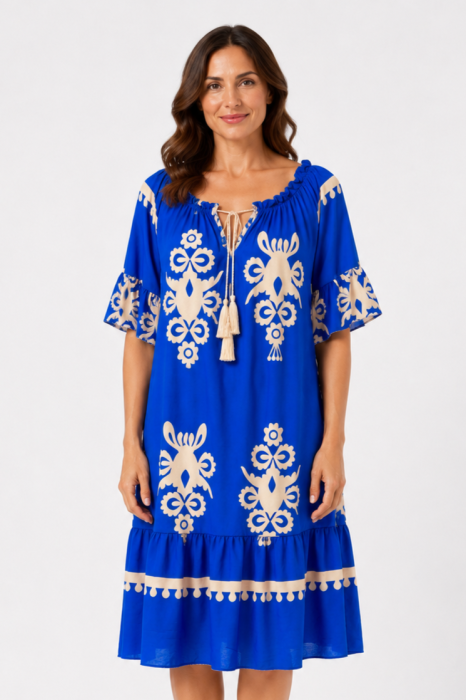 Rochie de vară albastră cu imprimeu bej [2]