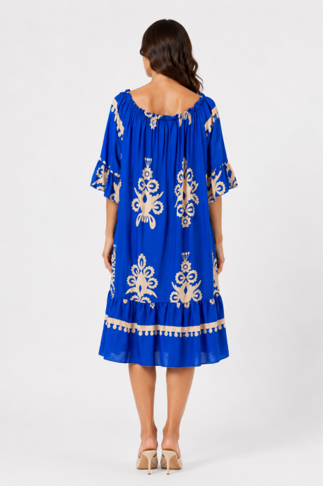 Rochie de vară albastră cu imprimeu bej [5]