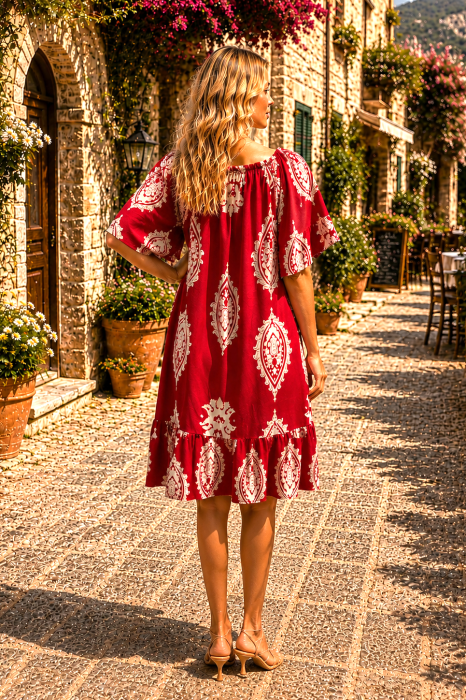 Rochie de vară roșie cu imprimeu alb [2]