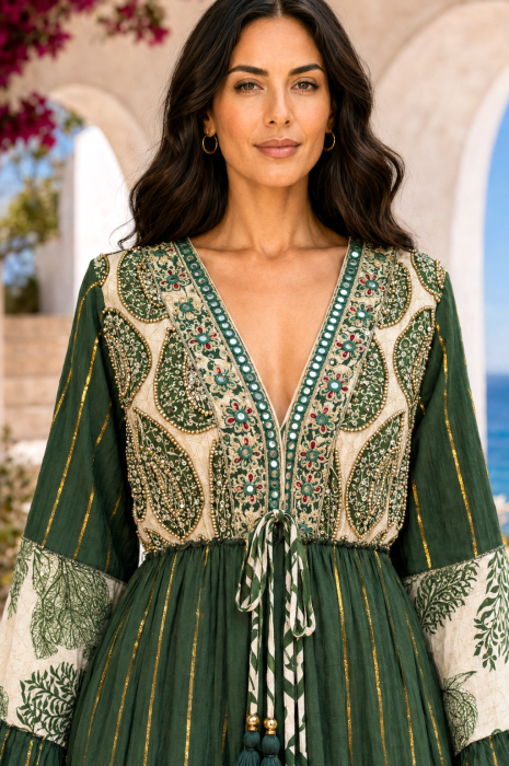 Rochie din vâscoză boho verde cu imprimeu etnic și detalii brodate [3]