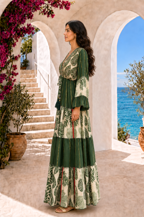 Rochie din vâscoză boho verde cu imprimeu etnic și detalii brodate [5]
