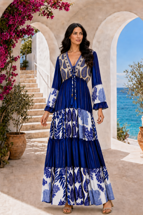 Rochie din vâscoză boho albastră cu imprimeu etnic și detalii brodate [4]