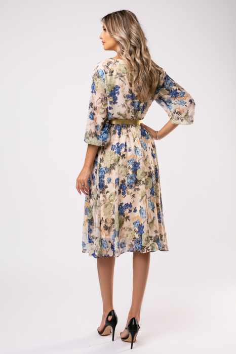 Rochie Ela bej din voal cu imprimeu floral [6]
