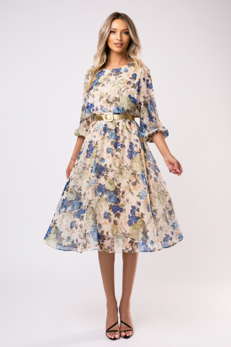 Rochie Ela bej din voal cu imprimeu floral [2]