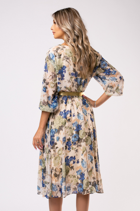 Rochie Ela bej din voal cu imprimeu floral [3]