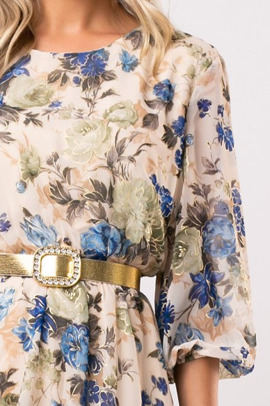 Rochie Ela bej din voal cu imprimeu floral [4]