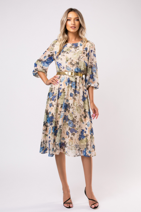 Rochie Ela bej din voal cu imprimeu floral [5]