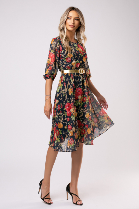Rochie Ela bleumarin din voal cu imprimeu floral [2]