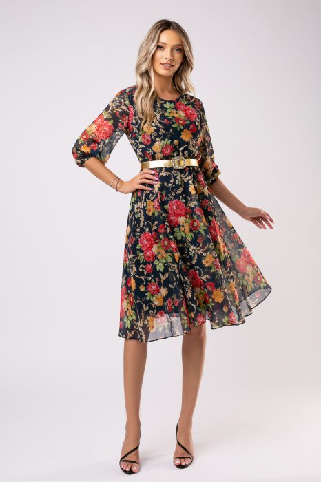 Rochie Ela bleumarin din voal cu imprimeu floral [3]