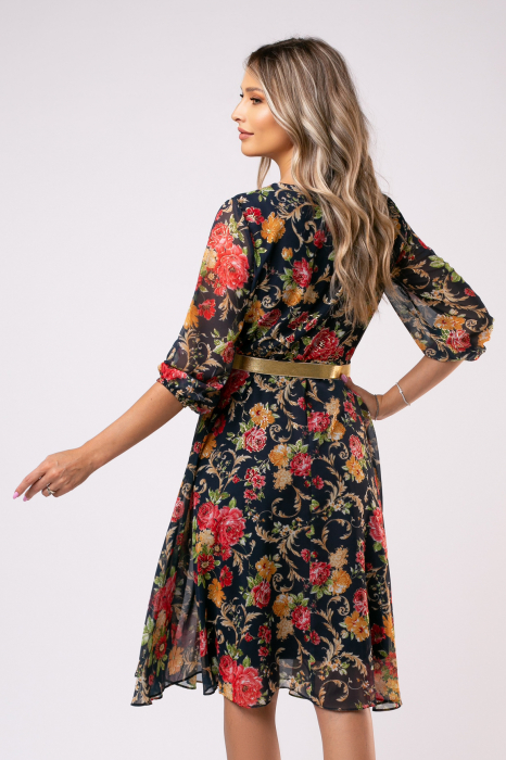 Rochie Ela bleumarin din voal cu imprimeu floral [4]