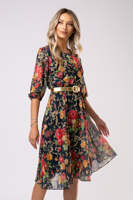 Rochie Ela bleumarin din voal cu imprimeu floral [6]