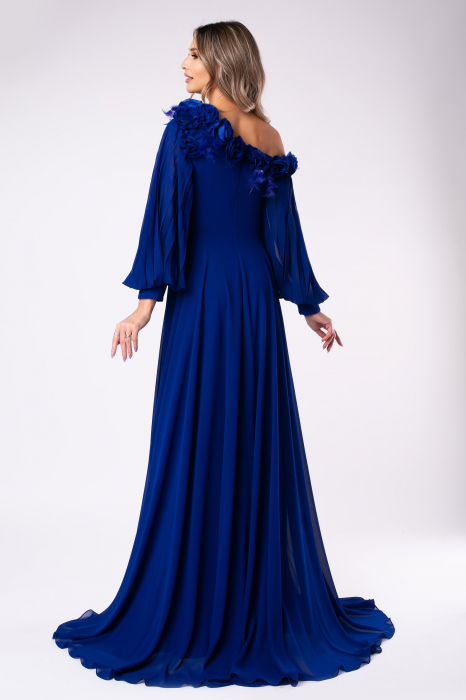 Rochie elegantă albastru regal cu pene și flori 3D [3]