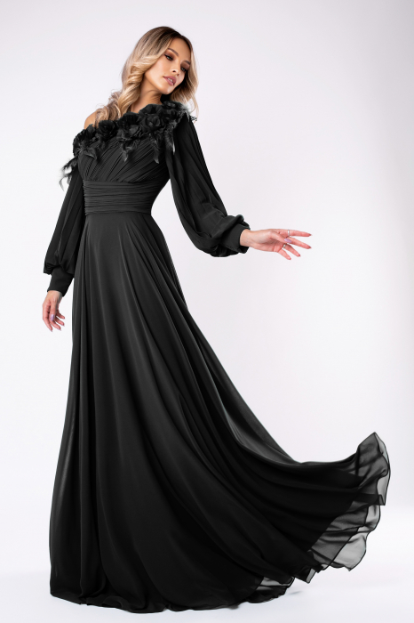 Rochie elegantă neagră cu pene și flori 3D [2]