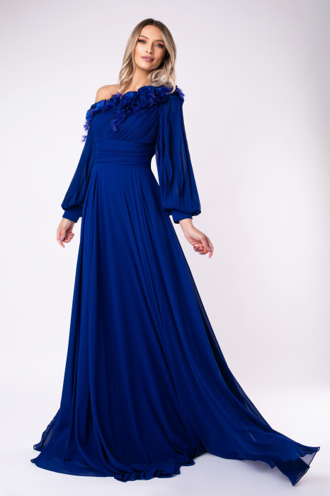 Rochie elegantă albastru regal cu pene și flori 3D [2]