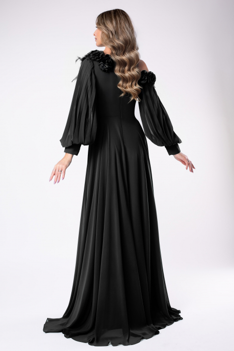 Rochie elegantă neagră cu pene și flori 3D [3]