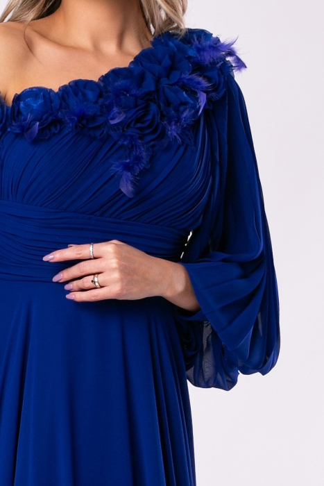 Rochie elegantă albastru regal cu pene și flori 3D [4]