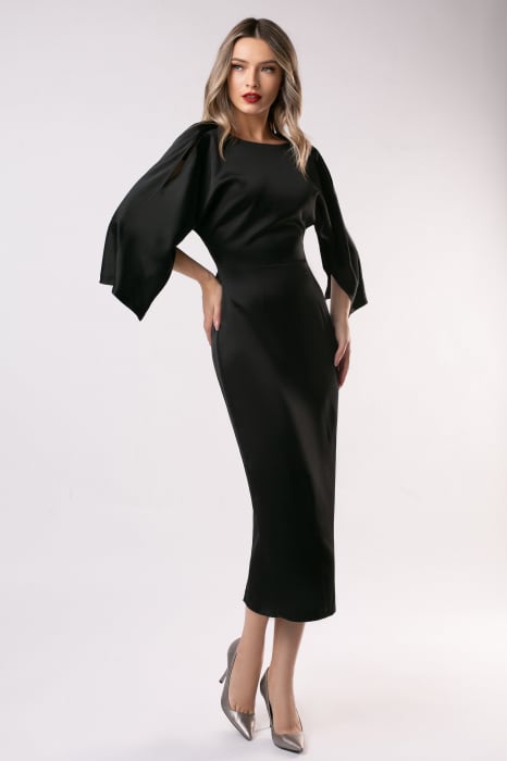 Rochie elegantă din satin neagră cu mâneci largi [3]