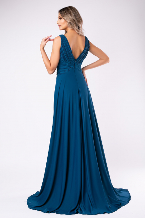 Rochie elegantă lungă turcoaz cu bustul fronsetat [3]