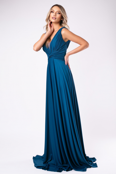 Rochie elegantă lungă turcoaz cu bustul fronsetat [2]