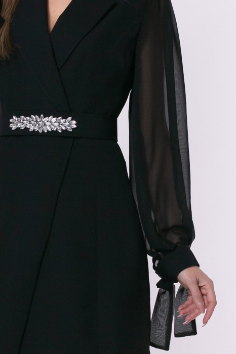 Rochie elegantă neagră tip sacou cu mâneci din voal și curea accesorizată [7]