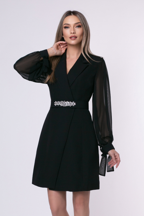 Rochie elegantă neagră tip sacou cu mâneci din voal și curea accesorizată [5]