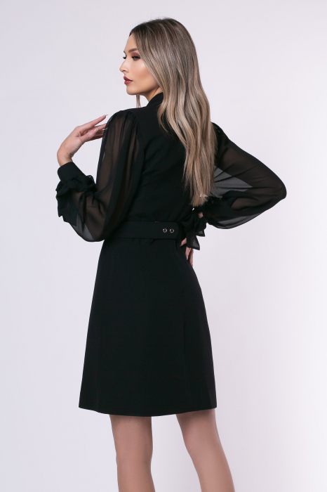 Rochie elegantă neagră tip sacou cu mâneci din voal și curea accesorizată [3]