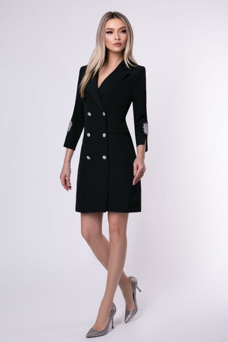 Rochie elegantă neagră tip sacou accesorizată pe mânecă [2]