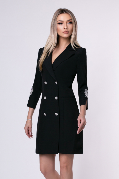 Rochie elegantă neagră tip sacou accesorizată pe mânecă [4]