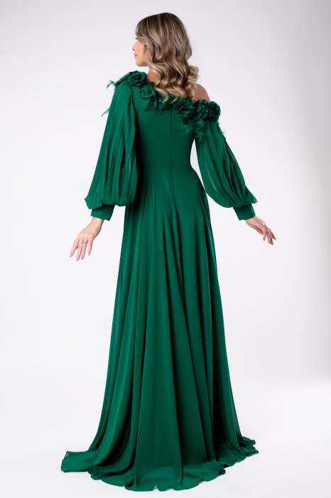 Rochie elegantă verde smarald cu pene și flori 3D [3]