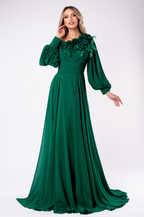 Rochie elegantă verde smarald cu pene și flori 3D [2]