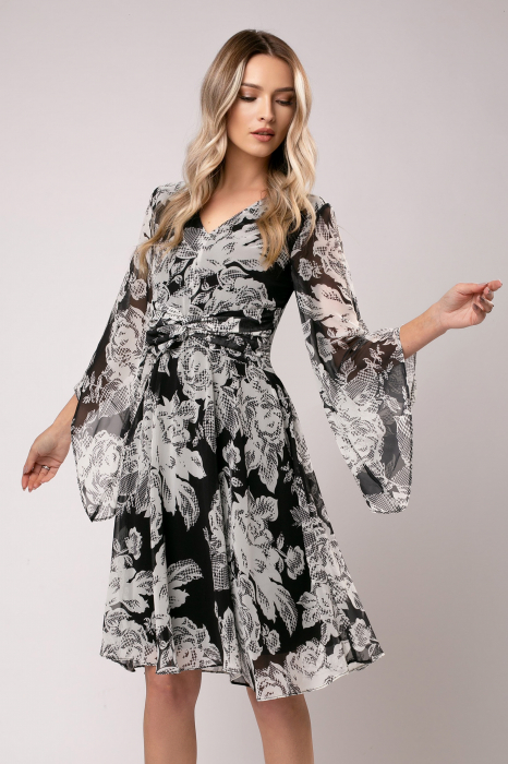Rochie Enia cu implimeu floral alb negru [5]