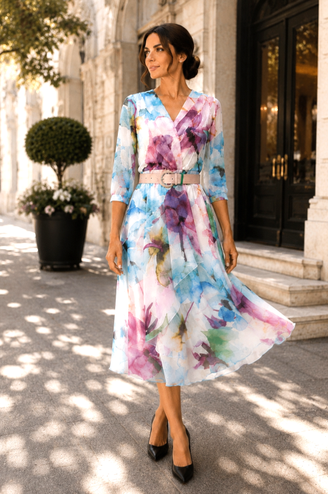 Rochie midi din voal cu imprimeu floral pastel și curea în talie [2]