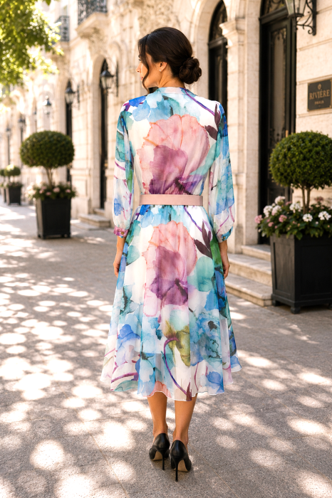 Rochie midi din voal cu imprimeu floral pastel și curea în talie [3]