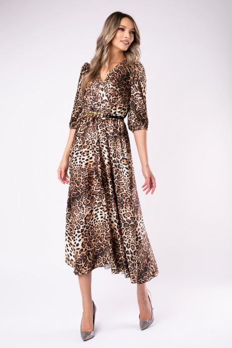 Rochie Eva cu imprimeu animal print bej din satin cu mâneci bufante [2]