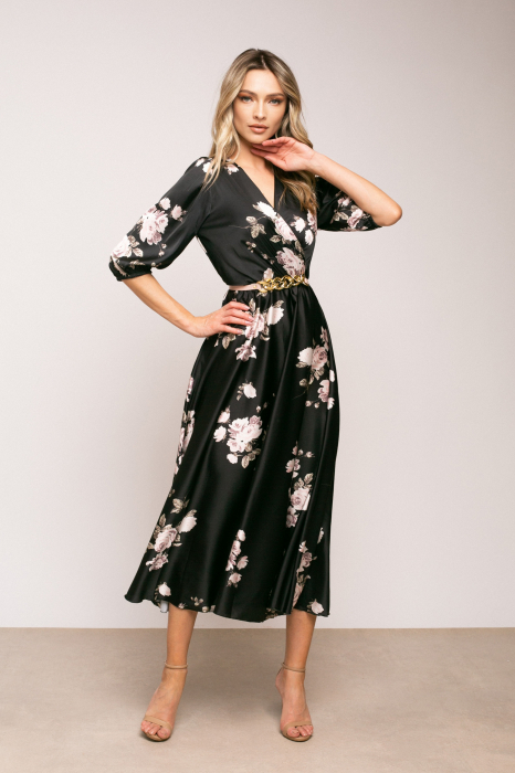 Rochie Eva neagră cu imprimeu floral din satin cu mâneci bufante [2]