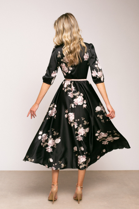 Rochie Eva neagră cu imprimeu floral din satin cu mâneci bufante [3]