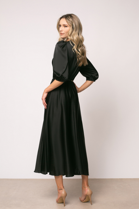 Rochie Eva neagră din satin cu mâneci bufante [3]