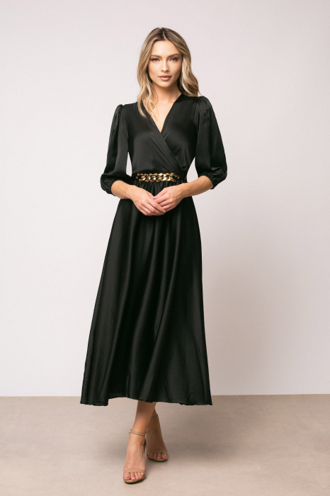 Rochie Eva neagră din satin cu mâneci bufante [2]