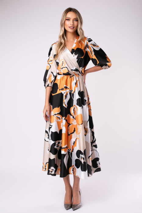 Rochie Eva portocalie cu flori din satin cu mâneci bufante [2]