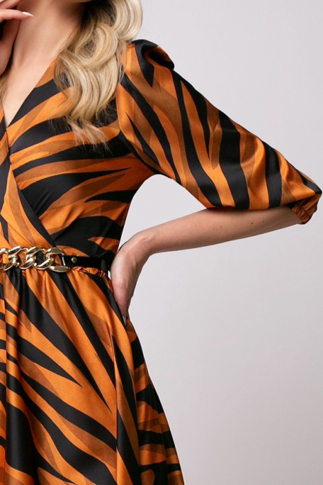 Rochie Eva portocalie cu imprimeu animal print din satin cu mâneci bufante [4]