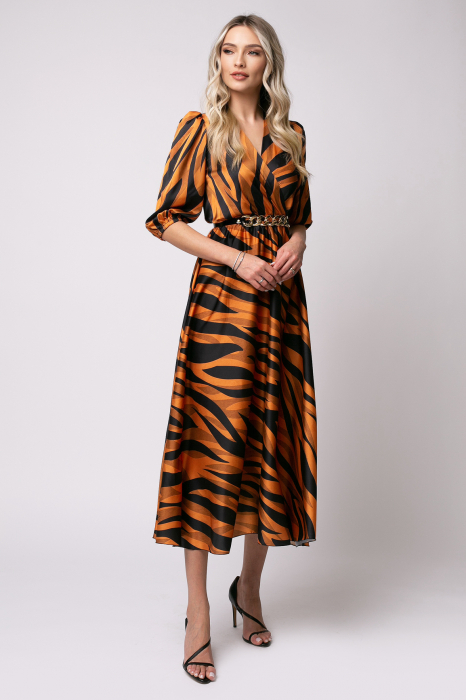 Rochie Eva portocalie cu imprimeu animal print din satin cu mâneci bufante [2]