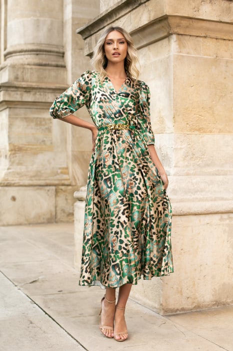 Rochie Eva verde cu imprimeu animal print din satin [2]