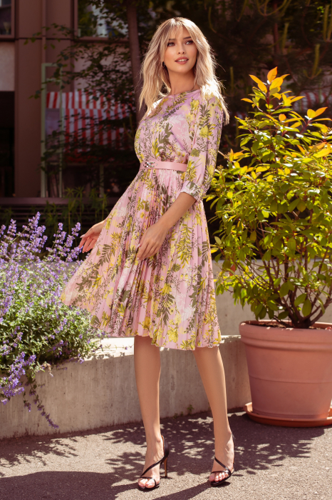 Rochie Favori roz cu imprimeu floral și fustă cu pliuri [4]